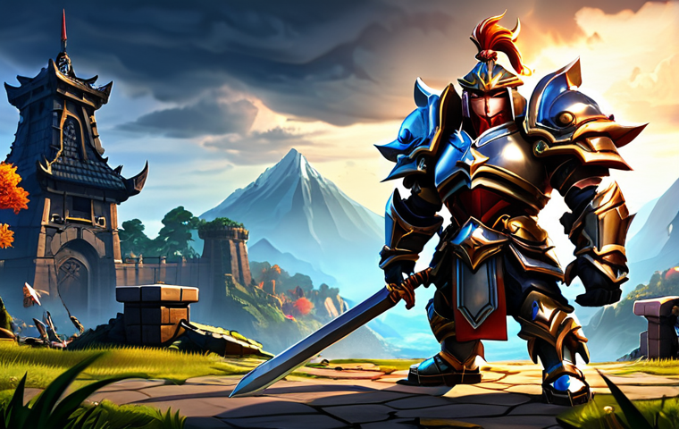 A powerful MapleStory warrior, fully armored, standing triumphantly over a defeated boss monster. Dramatic lighting, detailed background with MapleStory landscape elements.