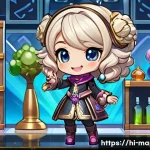 메이플스토리 헤어 쿠폰 종류 - **A joyful reveal in a whimsical salon:** A vibrant, eye-level full-body shot of a happy female Mapl...