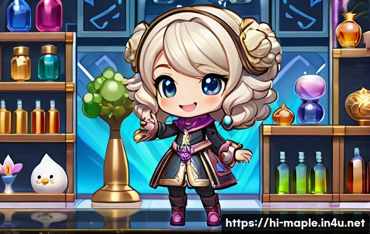 메이플스토리 헤어 쿠폰 종류 - **A joyful reveal in a whimsical salon:** A vibrant, eye-level full-body shot of a happy female Mapl...